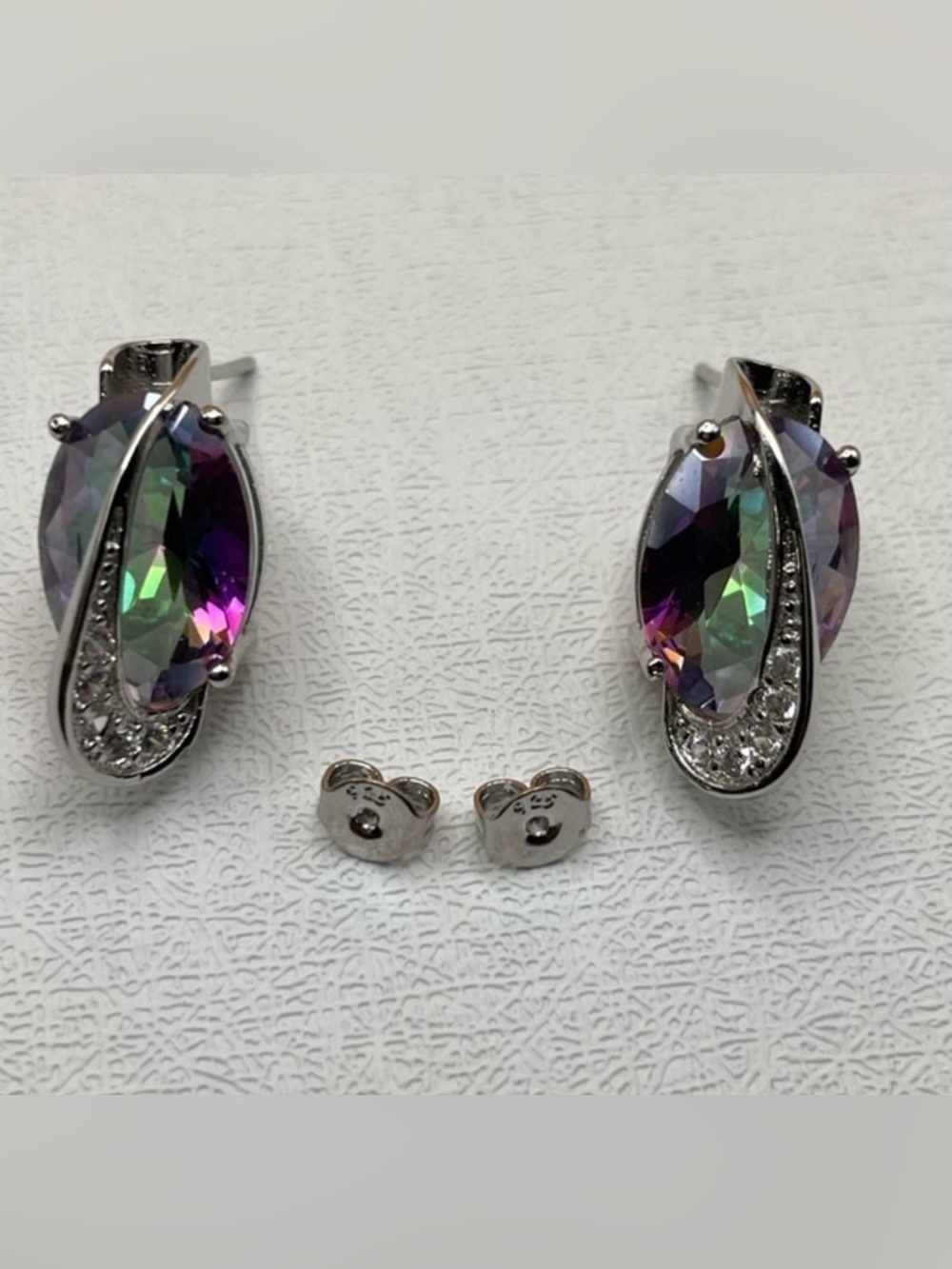 Silver‎ Large Oval Cut Rainbow Mystic Topaz Diamond CZ Elegant Stud Earrings